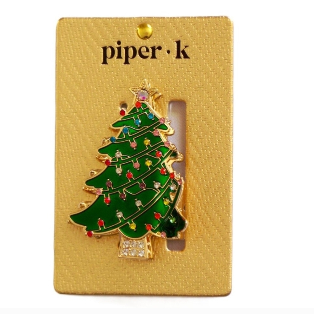 💚▪️Piper K▪️ Christmas Tree Hair Clip Gold Green Enamel Colored Rhinestones